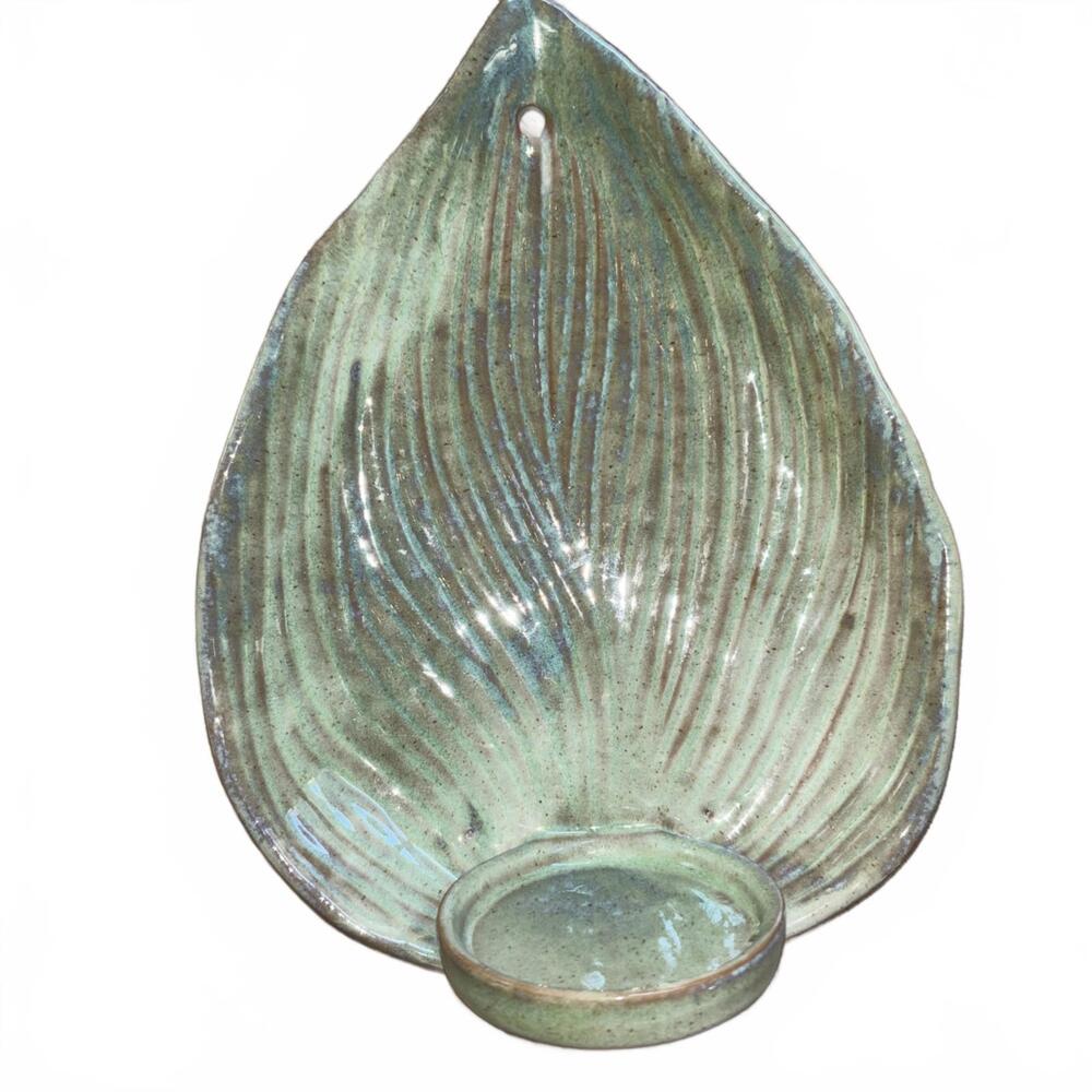 Stoneware Leaf Candle Holder Wall Sconce Green Reactive Glaze 12” Romance